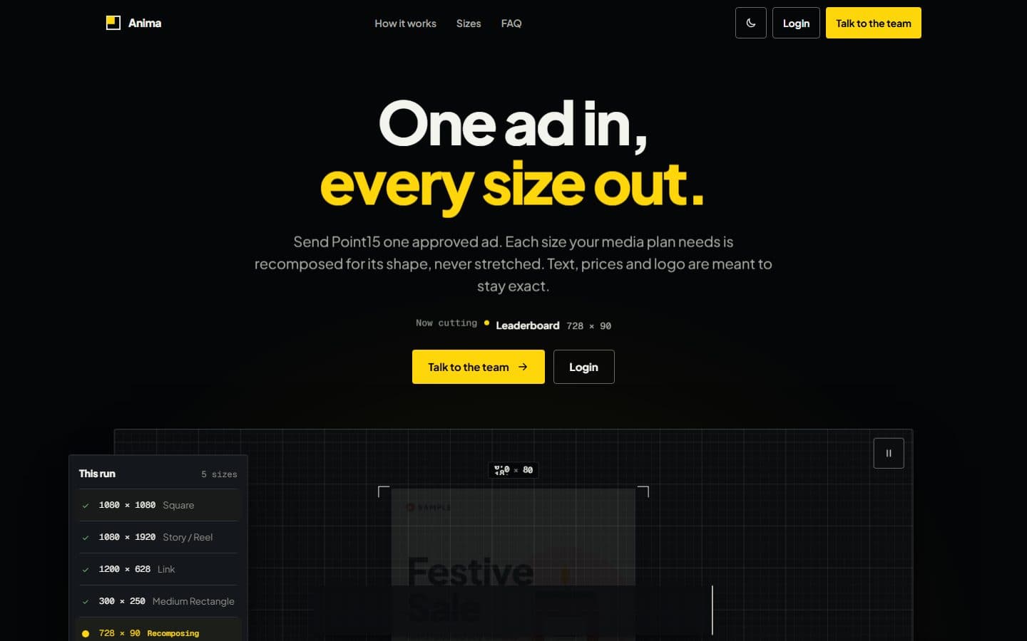 The Anima website, which reads: one ad in, every size out.